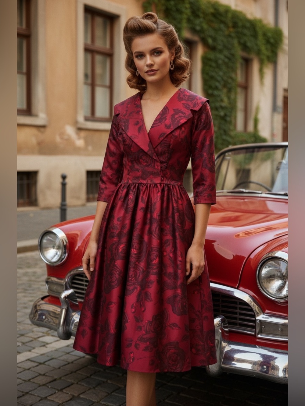 Pinup Couture Red Floral Satin Fit & Flare Midi Dress Small Made in USA